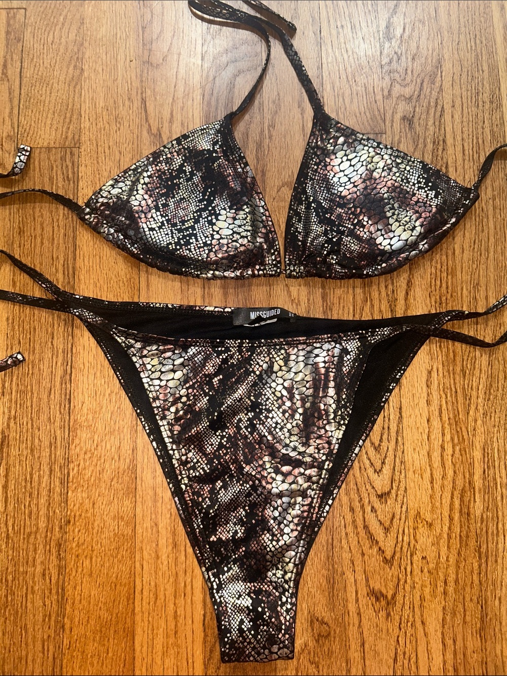 MISSGUIDED Black & Beige Snake-Print Tie Bikini Set NWOT